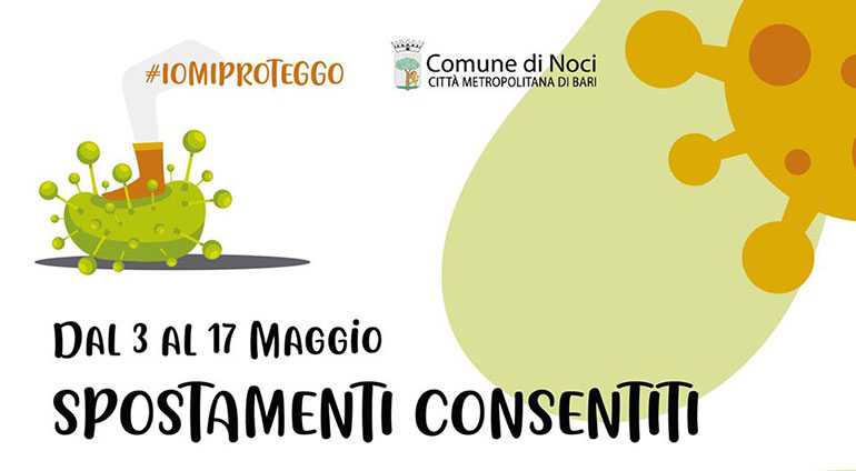 Coronavirus: Le misure attive a Noci dal 3 al 17 maggio